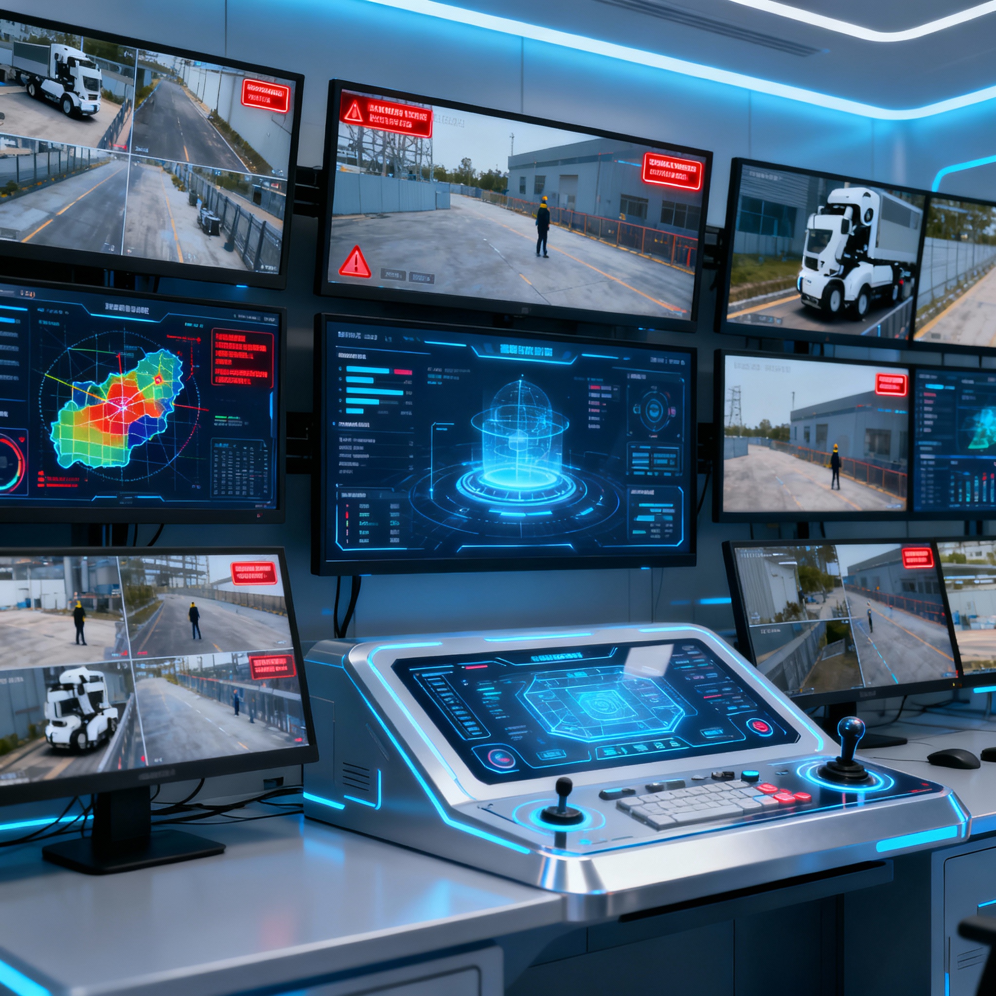 Control room with multiple surveillance screens